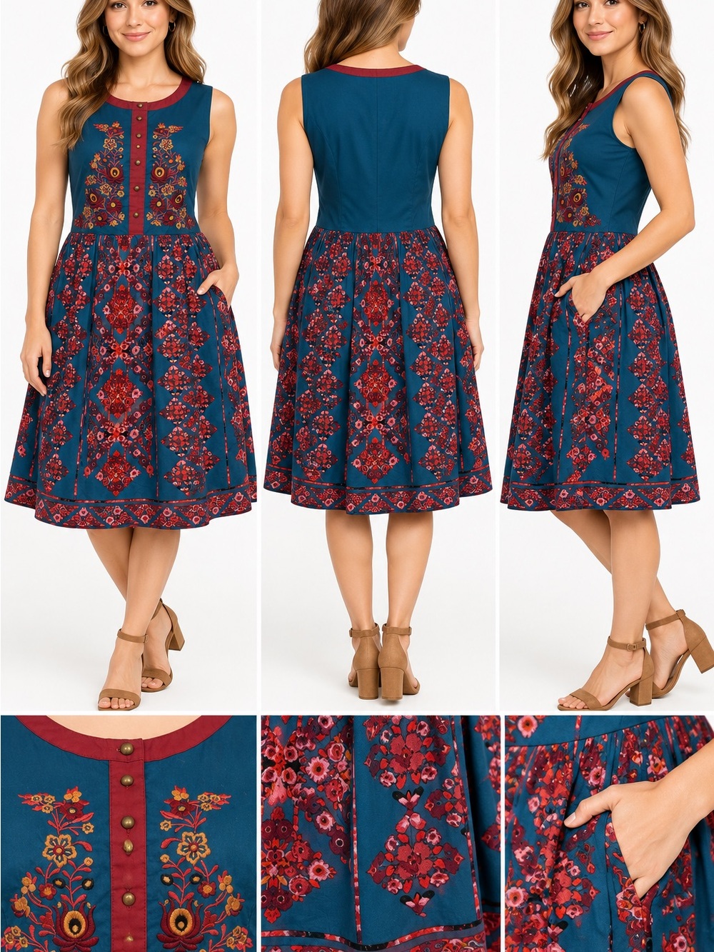 ModCloth Teal Blue and Red Embroidered Fit-and-Flare Midi Dress